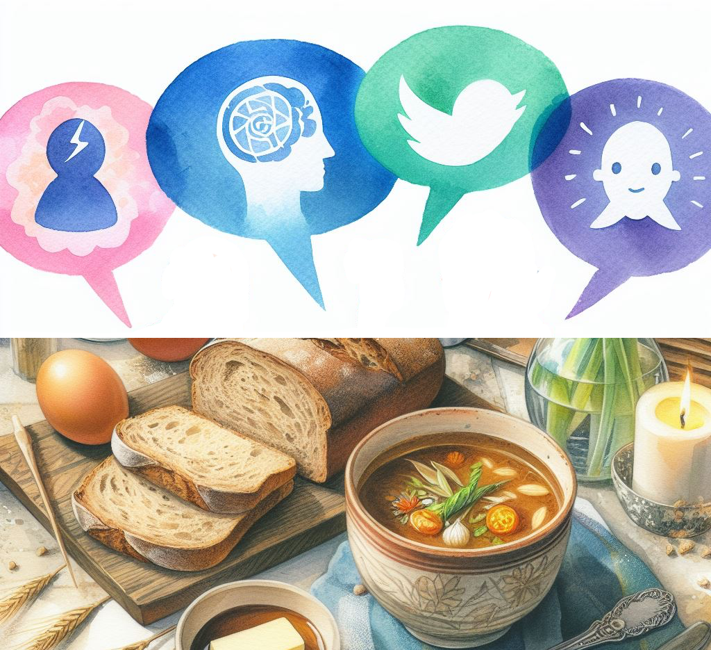 Split image between icons representing discussion and wellbeing and soup and bread attractively presented.