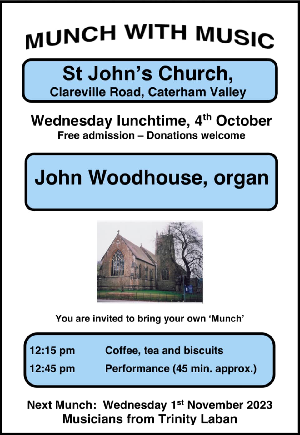 Munch with Music October 2023 poster. John Woodhouse gives a church organ recital from 12:45pm.
