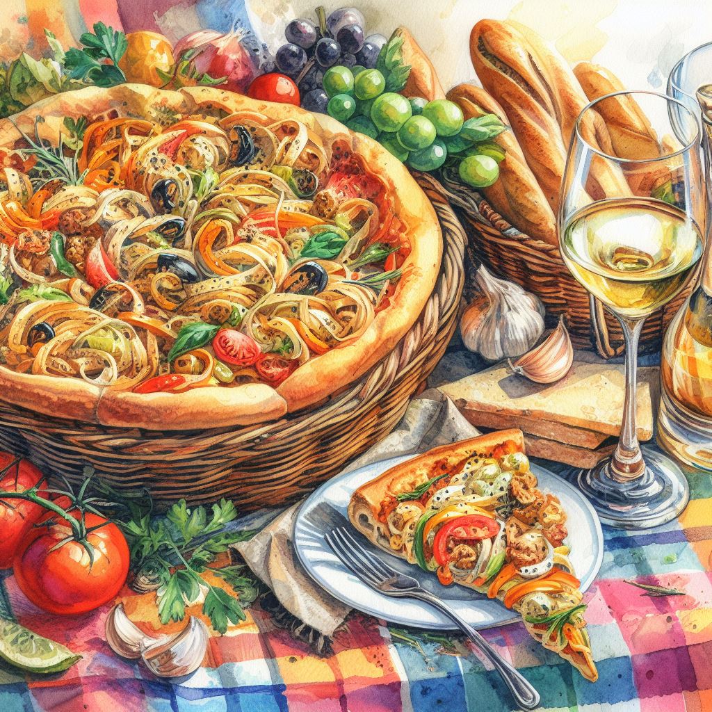Pizza and pasta on table.