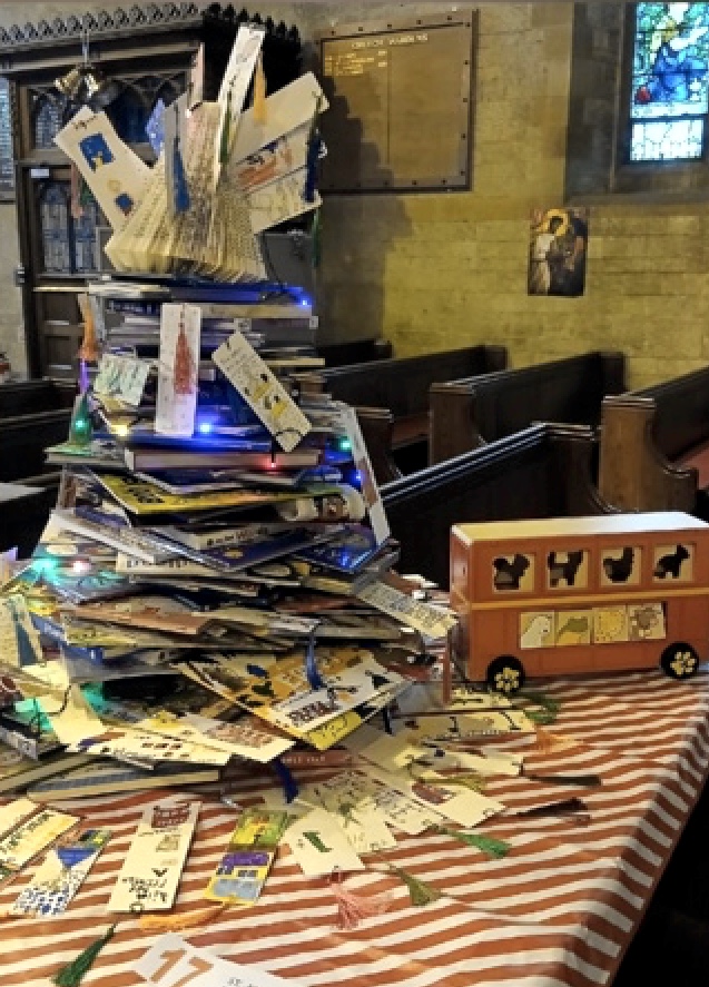 The winning tree, St. John’s School PTA Once upon a Bus - a beautifully crafted tree out of books.