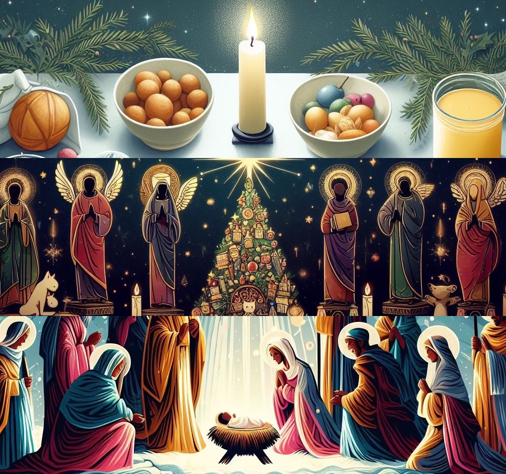 Composite image representing Doughnut Christingle Service, Midnight Mass and Informal Christmas Day Eucharist 
